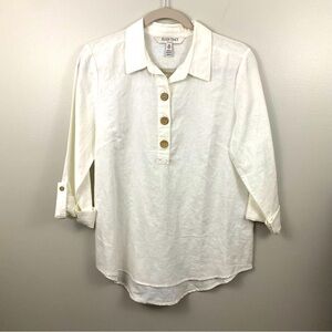 Ellen Tracy Linen Size Medium White Button-Up Popover Top Roll Tab Sleeve